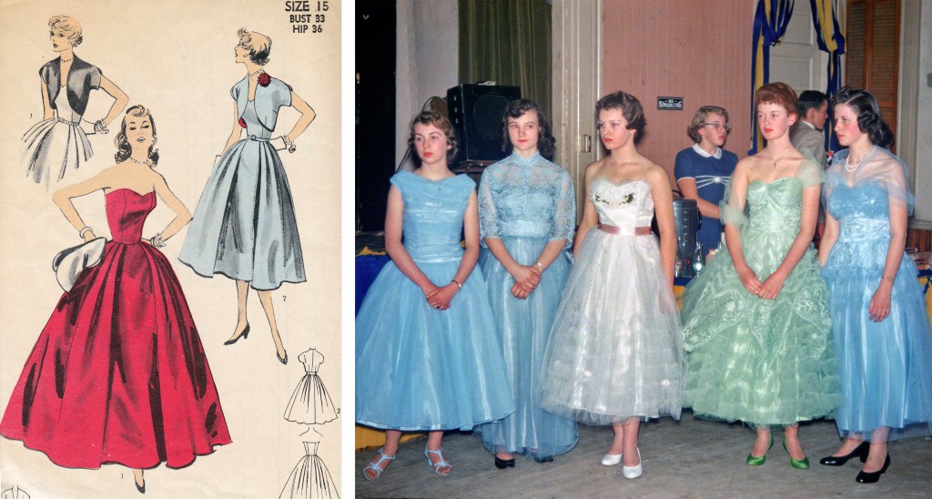 Left, pattern makers like McCall's and Vogue made the New Look available to middle-American women, like this set from 1953. Right, teenage girls at a high-school dance in monochromatic, multi-textured dresses, circa 1956. Via shorpy.com.
