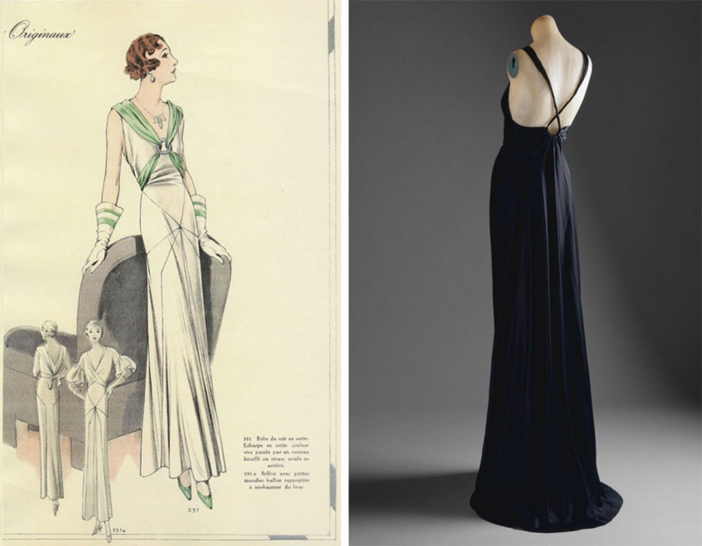 Left, this 1930s advertisement shows the diagonal seams and limited ornamentation of popular bias-cut dresses. Right, this Vionnet gown shows how low-cut backs contrasted with excessively low hemlines, even in the Depression-era when extra fabric was a true luxury. Via metmuseum.org.