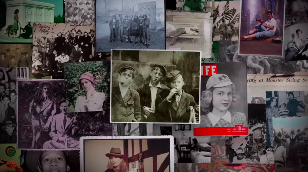 Top: A still from archival footage taken during the 1940s. Above: a collage of youthful images used in "Teenage."