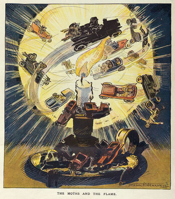 This dark political cartoon from "Puck" magazine in 1907 suggested that speeding motorists were chasing death. Via the Library of Congress.