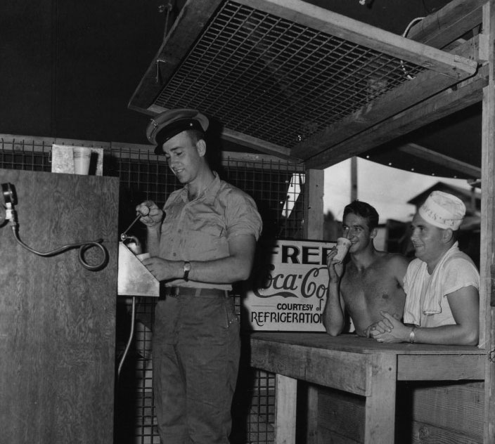 During the 1940s, Coca-Cola built soda fountains in far-flung locations in order to serve its drinks directly to American troops, like at this fountain in the Philippines.