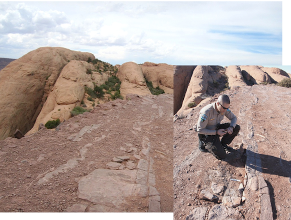 DinoTrackComposite Earlier this year, a vandal removed a theropod footprint (left) from Hell's Revenge in Utah. At right, a BLM ranger at the scene of the crime. Photos courtesy the Bureau of Land Management.