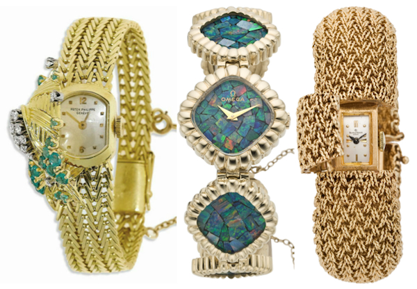 Ladies wristwatches have continued to be treated as jewelry. From left to right: A Patek Philippe diamond, emerald, and gold covered bracelet watch, circa 1957; an Omega gold and opal bracelet watch, circa 1975; and a Baume & Mercier gold bracelet watch, also circa 1975.