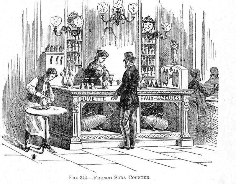 An illustration of a French soda water apparatus, featuring soda syphons and carbonating machines below the counter, circa 1830s.