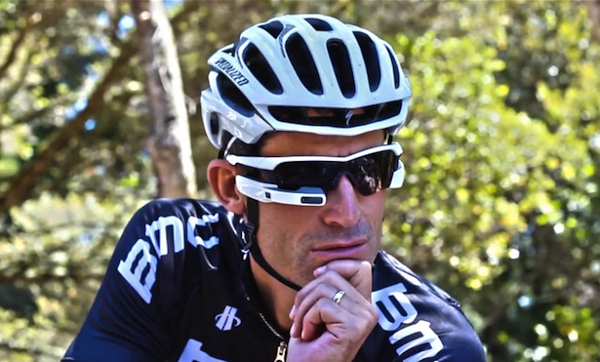 Top: Google Glass, without the glass. In much of its marketing materials, Google has been careful to position its users as the opposite of creepy male glassholes. Above: The Recon Jet seems designed for professional cyclists like George Hincapie.