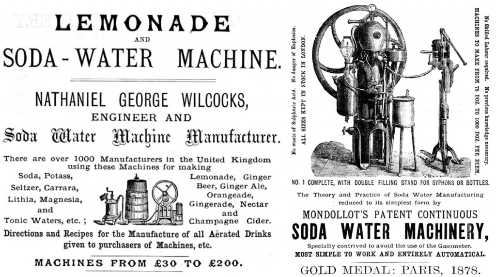 Top: A Coke advertisement from 1907. Above: Early soda machines required oversized cranks to manually carbonate water, like these devices from the 1870s.
