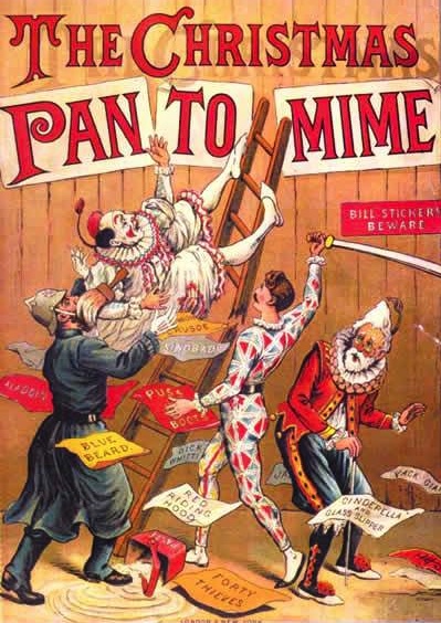 clown pantomime "The Christmas Pantomime" color lithograph book cover from 1890, showing the harlequinade characters, Clown, Harlequin, Pantaloon, and a cop. (Via WikiCommons)