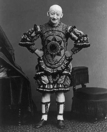 clown_georgelfox George L. Fox, a popular clown in America in the 19th century, wore a bald skullcap and did a pantomime based on "Humpty Dumpty." (Image circa 1870s, via WikiCommons)