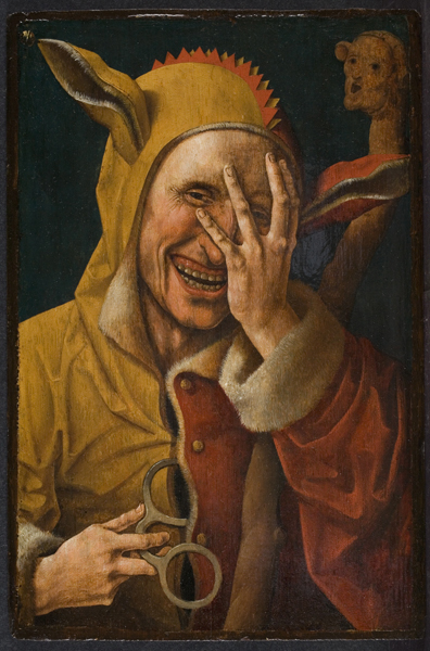 clown_jester A Netherlandish oil painting of a "laughing fool" circa 1500. (From the Davis Museum at Wellesley College)