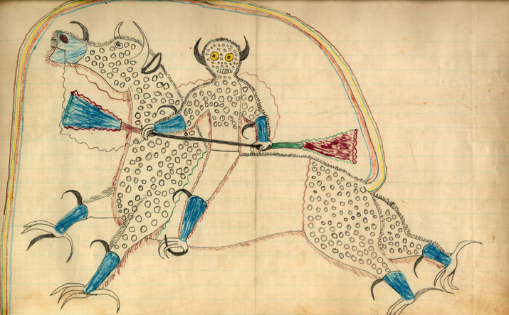 clown_nativeamerican A 1880s ledger drawing by Lakota Sioux Chief Black Hawk, depicting a horned Thunder Being (heyoka) on a horse-like creature with eagle talons and buffalo horns. The creature's tail forms a rainbow that represents the entrance to the Spirit World, and the dots represent hail. (From "American Indians: Celebrating the Voices, Traditions & Wisdom of Native Americans," by the National Society for American Indian Elderly)