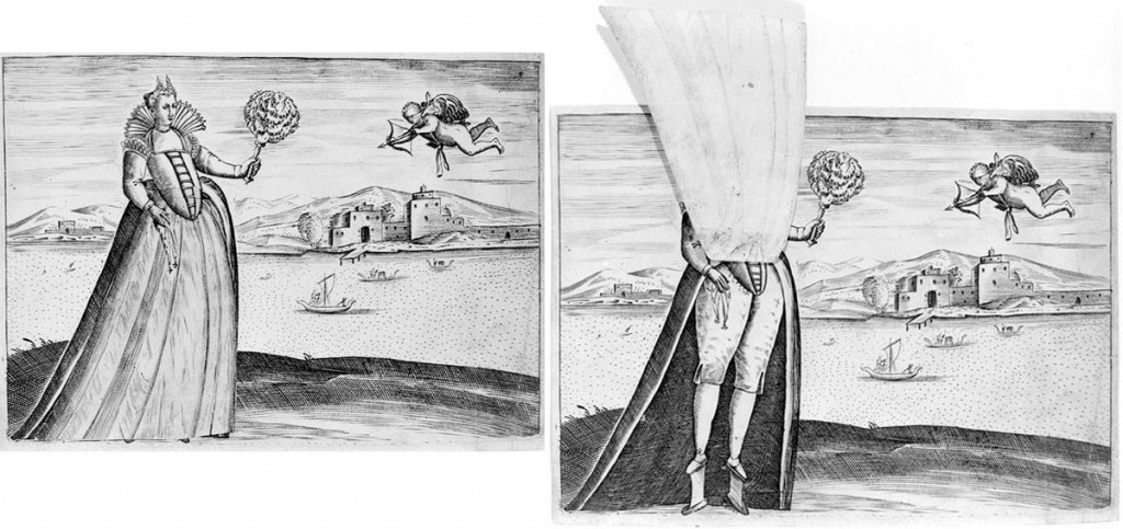 This etching by Pietro Bertelli, called "Courtesan and Blind Cupid," was made with a hinged dress that reveals a pair of Venetian undergarment-style chopines, circa 1588. Via the Metropolitan Museum of Art