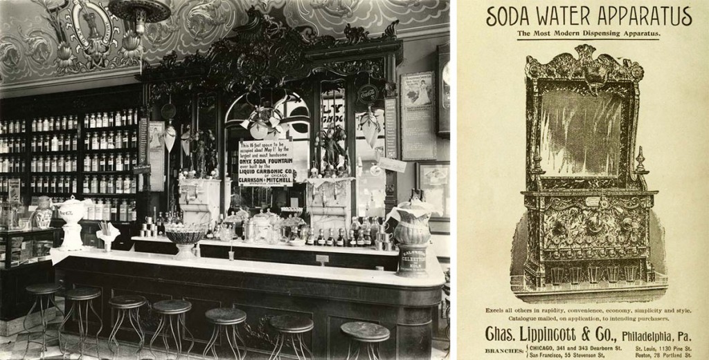 In their heyday, soda fountains were elaborately designed places for rejuvenation. Left, the counter at the Clarkson & Mitchell Drugstore in Springfield, Illinois, circa 1905. Via the Abraham Lincoln Presidential Library and Museum. Right, an 1894 ad for an ornate fountain produced by Charles Lippincott & Co..