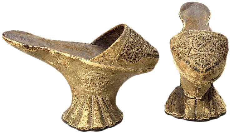 Top: An extremely tall Venetian chopine made from wood covered in white leather with minimal ornamentation. Courtesy the Bata Shoe Museum. Above: A closer view of wooden Venetian chopines covered in leather, circa 1740s. Via the Museum of Fine Arts, Boston.