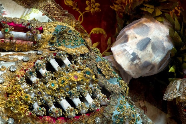 morbid_jeweled2 Skeletons discovered in the Roman Catacombs in the late 16th century, thought to be the remains of early Christian martyrs, were adorned with precious jewels and metals and used as holy relics. (Photo by Dr. Paul Koudounaris, from his book "Heavenly Bodies"/Morbid Anatomy)