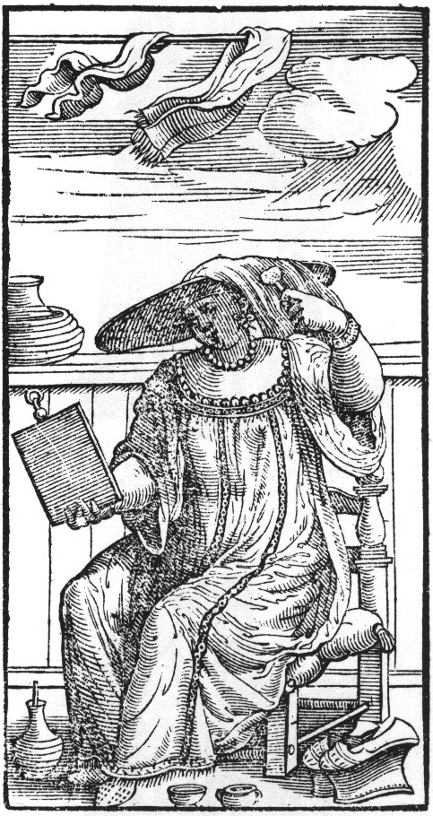This woodblock print by Cesare Vecellio shows a Venetian woman bleaching her hair on a balcony near a pair of chopines likely worn around the house, circa 1598.