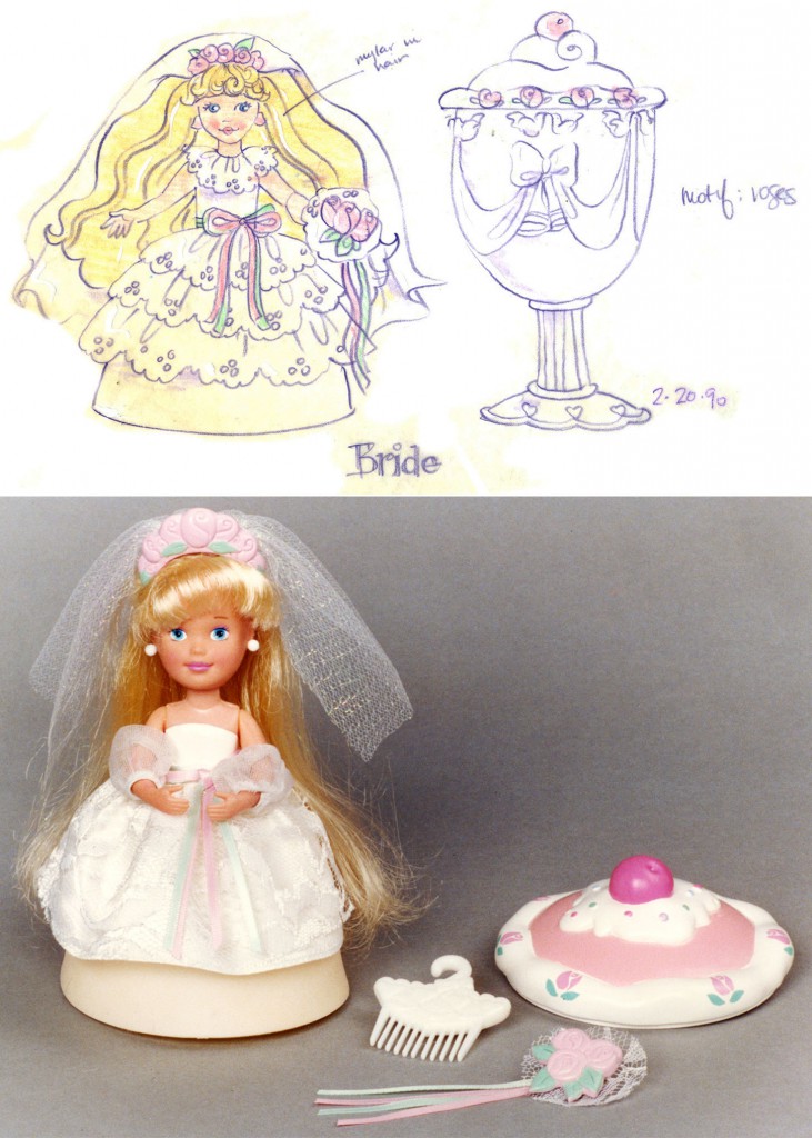Eskander's first concept sketch and finalized toy for the Princess Parfait character in a line of Tonka toys that transformed from cupcakes into dolls.