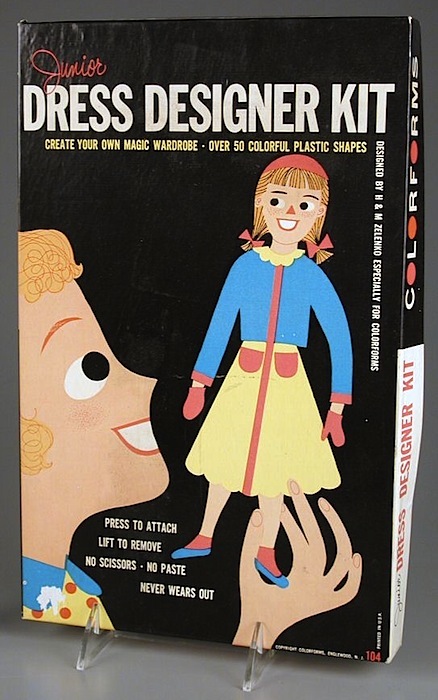 ColorformsDressDesigner Top: The original design for Colorforms is in the Museum of Modern Art and has been reissued by University Games in 50th and 60th anniversary editions. Above: Harry Zelenko, who created the first Colorforms logo, also did the design for this "Junior Dress Designer" Colorforms set with his graphic-designer wife, Marion.