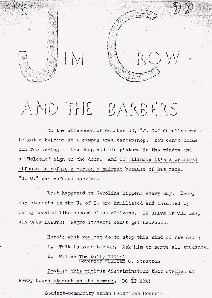 This 1960s flyer from the University of Illinois calls for students to urge barbers to serve all patrons or else boycott them.