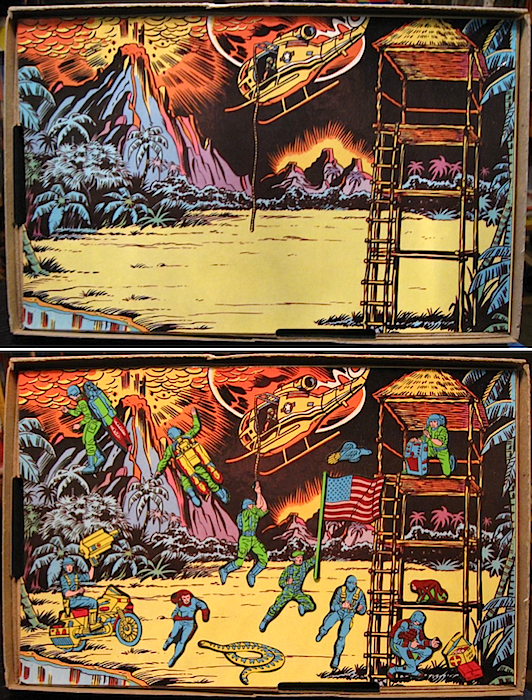 JoePairWhite When the action-figures craze hit, Colorforms responded by licensing G.I. Joe. The top photo shows the empty play board, while the bottom one has been filled up with forms.