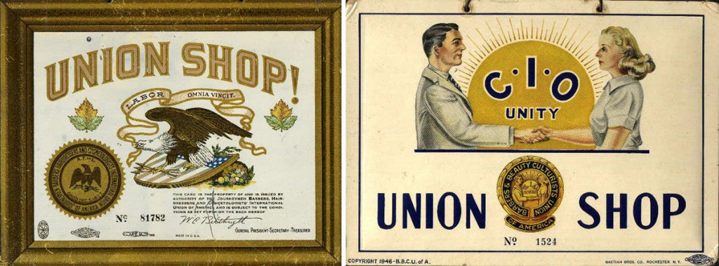 Left, a barber's union card from the late 1890s, and right, another from the 1940s. Unions like these pushed for licensing laws that attempted to prevent black barbers from entering the field.