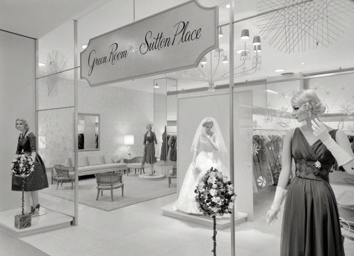bloomies_greenroom In 1950s and ’60s, Bloomingdale's advertised exclusive designs offered in its "Green Room," such as these gowns by the label Sutton Place at the Hackensack store in 1959. (Via the Gottscho-Schleisner Collection at the Library of Congress)