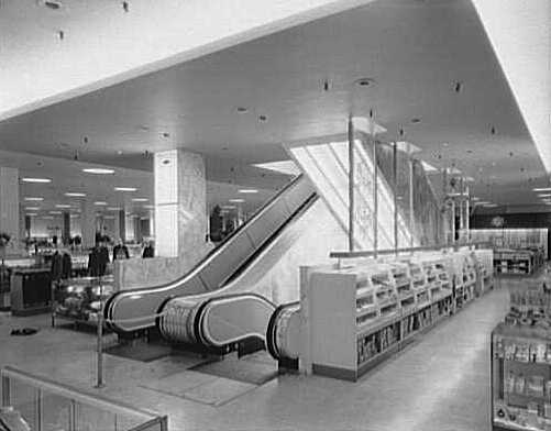 gimbels_escalators The escalators at Gimbels in Yonkers, New York, in 1955. (Via the Gottscho-Schleisner Collection at the Library of Congress)