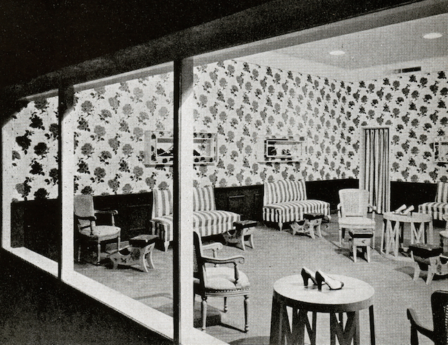 lord_shoes A room for trying on shoes at the 1940s Loewy designed Lord & Taylor in Manhasset, New York. (Via MrBluehaunt.blogspot.com, from "Contemporary Shops in the United States: 1945-47")