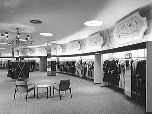 loewy_gimbels Women's clothing on display at a Loewy-designed Gimbels in Valley Stream, Long Island. (Via the Gottscho-Schleisner Collection at the Library of Congress)