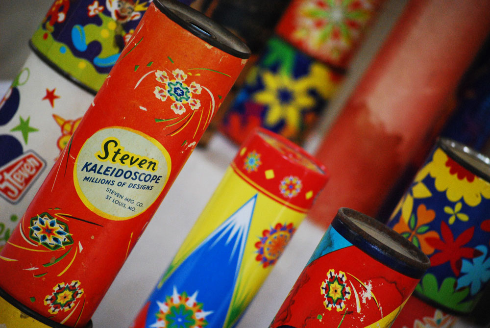 A few of Eskander's vintage kaleidoscopes, including the first Steven toy bought by her mother.