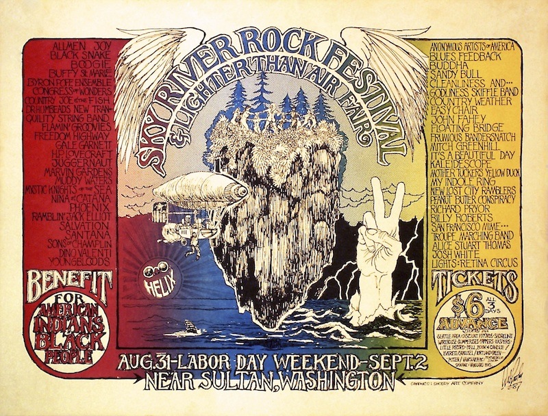 1968-08-31 Walt Crowley designed two of the four posters created for the Sky River Rock Festival in 1968, including this one. The outdoor festival is thought to have given East Coast promoters the idea for Woodstock, which was held in 1969.