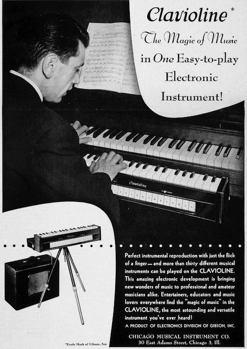 ClaviolineGibsonAdMan This ad for the Gibson-licensed Clavioline shows it on a stand and mounted below a piano's keyboard. Photo via Phil's Old Radios.