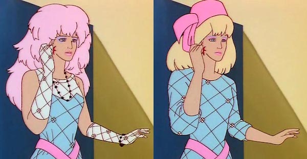 jem_cartoon_jerrica It's fairly hard to believe no one recognized Jerrica, at right, when she changed to Jem, at left—particularly because all her friends played with Jem in the Holograms. But then, no one ever remarked on how similar Clark Kent looked to Superman. (Via WikiCommons