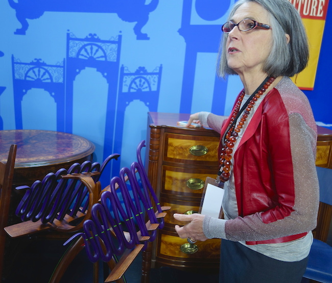 roadshow_artcarpentersnakes Karen Keane, CEO of Skinner Auctions, tells us about the double music stand by Modernist designer Art Carpenter adorned with purple snakes slashed with green paint.