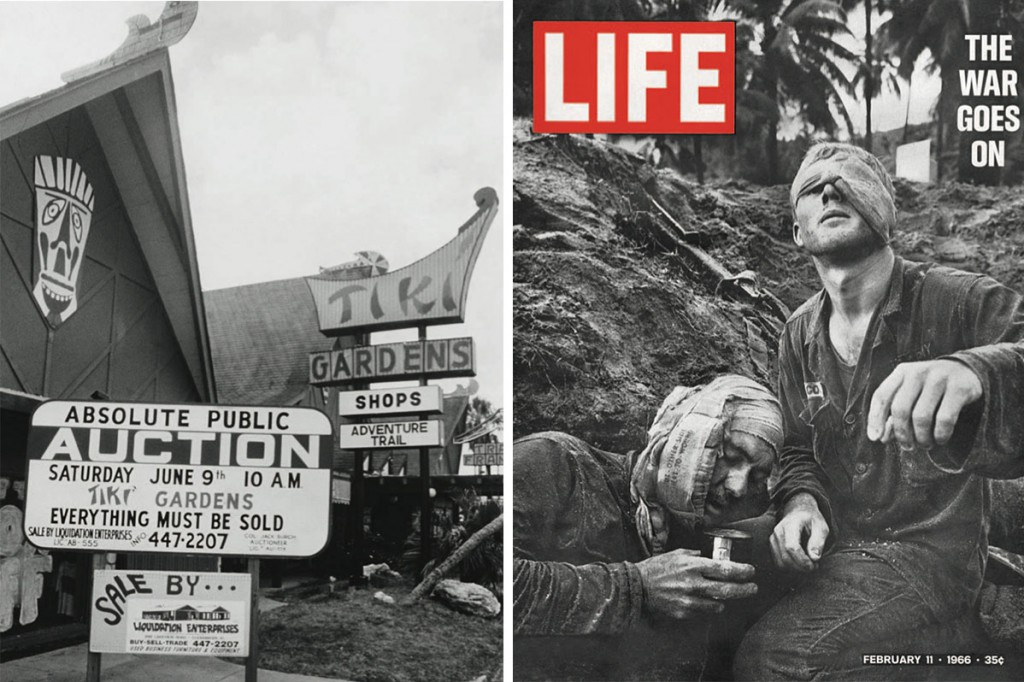 Left, by the 1970s, many Tiki-style businesses were viewed as passé. Right, the Vietnam War helped dispel America's romanticized notions of the tropics.