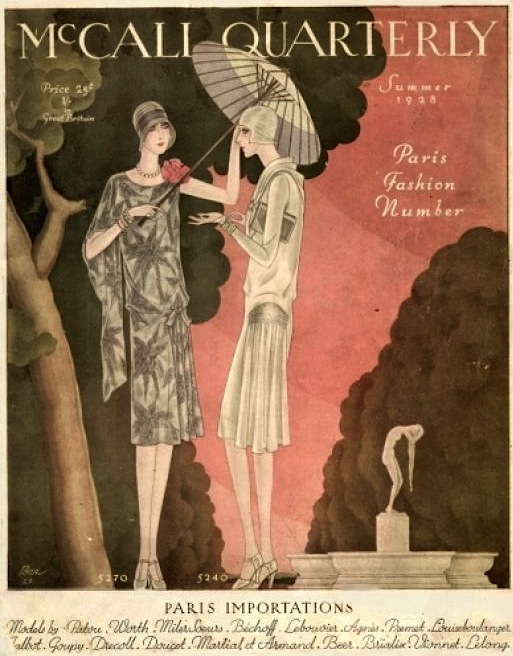 caftans_flappers Loose-fitting drop-waisted dresses were the height of elegance in the 1920s, as you can see on the cover of the Summer 1928 issue of McCall Quarterly. (Via HubPages.com)