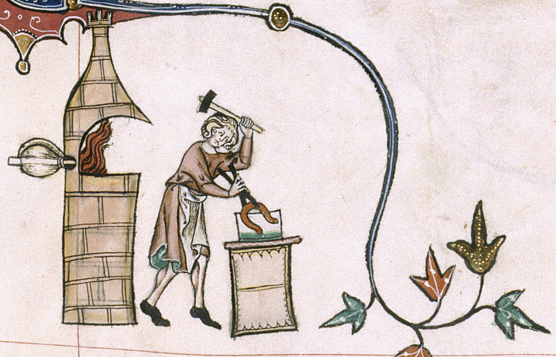 Marginalia also offers a visual record of what ordinary things looked like in the medieval era, like this image of a man working on a forge from the Gorleston Psalter, c. 1310-1324. (British Library Royal MS 49622, f. 193r.)