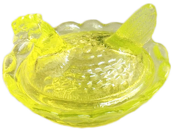 ChickSaltClean This Vaseline glass chick salt from <a href="http://boydglass.net/">Boyd's Crystal Art Glass</a> measures just 2 1/2 inches across.
