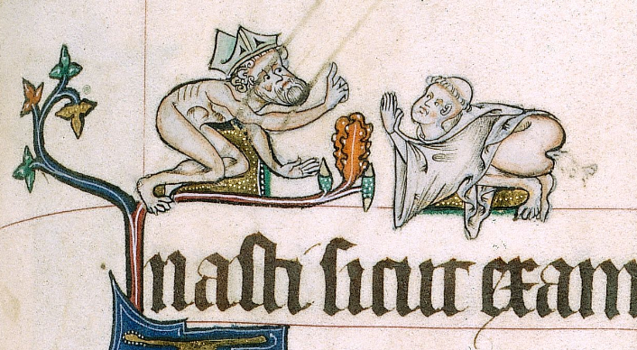 A nude bishop chastises a pooping cleric in the Gorleston Psalter, c. 1310-1324. (British Library Royal MS 49622, f. 82r.)