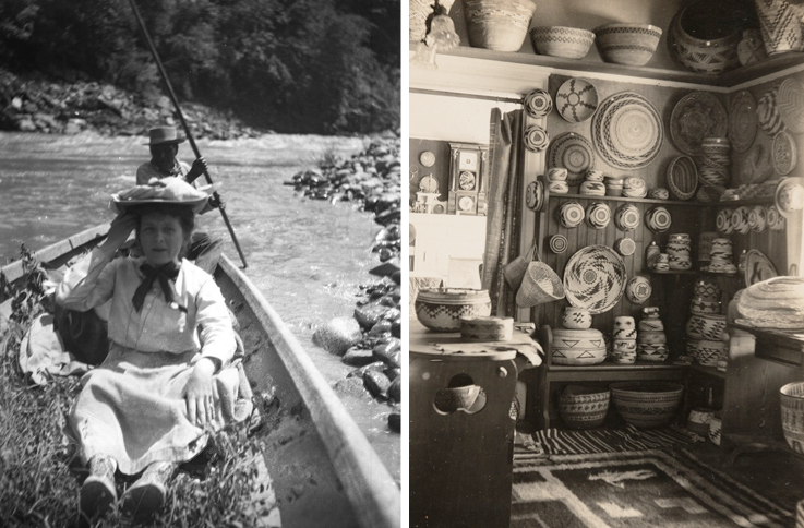 Grace Left: Grace Nicholson on the hunt for baskets in northern California. Right: Nicholson's shop in Pasadena. Both photos from 1906. Via Verso.