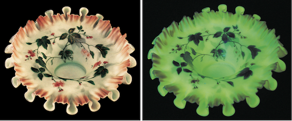 GroupRuffles Not all Vaseline glass is transparent, as seen in this opaque, decorative bowl, whose uranium content is hinted at under normal light (left) but reveals itself fully under UV (right). Photo via <em><a href="http://www.schifferbooks.com/vaseline-glassware-fascinating-fluorescent-beauty-3468.html">Vaseline Glassware</a></em> by Barrie Skelcher.