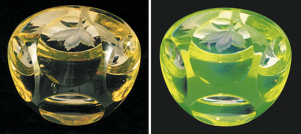 GroupVases This contemporary amber or topaz paperweight from England fluoresces green when exposed to UV light (right). Photo via <em><a href="http://www.schifferbooks.com/vaseline-glassware-fascinating-fluorescent-beauty-3468.html">Vaseline Glassware</a></em> by Barrie Skelcher.