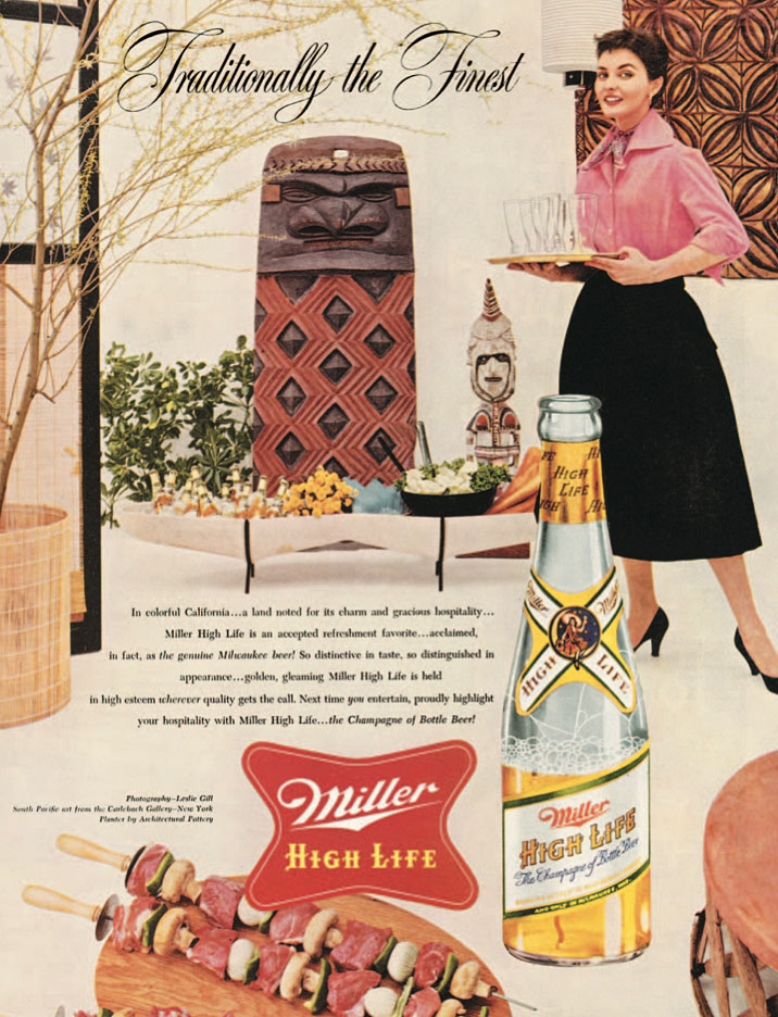 By the mid-1950s, even mass-market brands like Miller beer adopted the Tiki image to make its products seem modern and carefree.