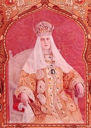 caftan_czarina Portrait of Czarina Alexandra in a traditional Russian coronation dress. (Via 1st-Art-Gallery.com)