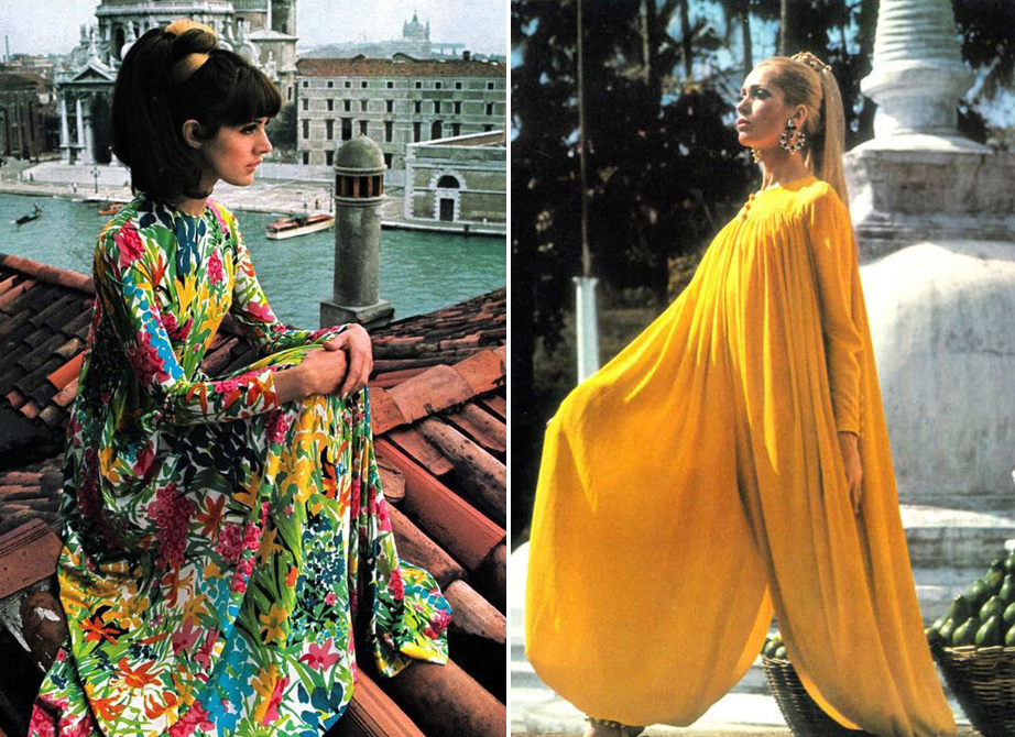 caftans6_magazine7 Left, a floral caftan from the December 1966 issue of "Vogue UK." Right, Isa Stoppi wears a piece that combines a caftan and harem pants in "Vogue UK" in 1966. (Photo by Henry Clarke, images via Shrimpton Couture)