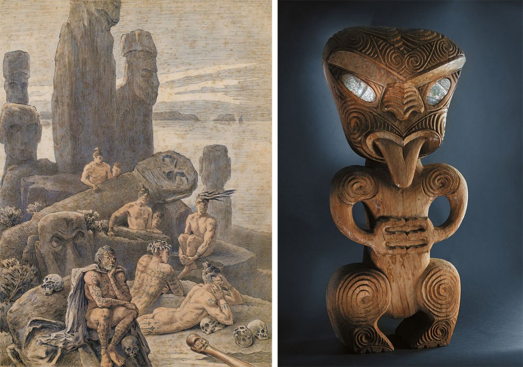Left, an illustration of Easter Island natives by Pierre Loti, circa 1872. Right, a mid-century sculpture in the Maori style used at the now-defunct California amusement park "The Tikis."