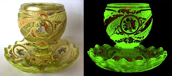 expressobl1 A Bohemian espresso cup and saucer produced between 1850 and 1860 for the Persian market. Natural light on left, UV light on right. Photos via Dave Peterson at <a href="http://www.vaselineglass.org/">VaselineGlass.org</a>