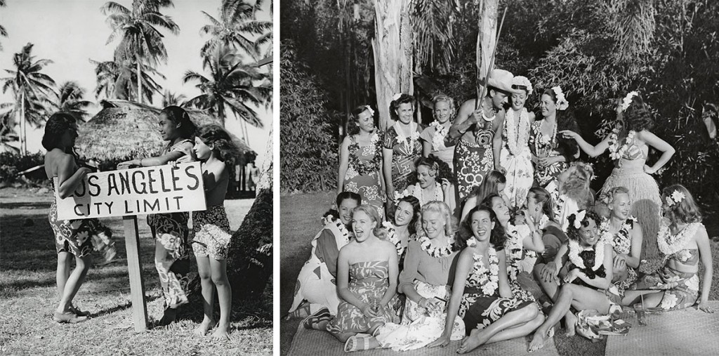 Left, a mock sign on the set of a Polynesian film in Hollywood. Right, Ernest Gantt, or Don the Beachcomber (center, in 1946), made his exotic parties the envy of all America.