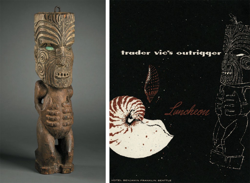 Left, the original Maori Tiki exhibited at the California Midwinter Exhibition in 1894. Right, a Trader Vic's menu from the 1950s featuring a stylized version of the Maori Tiki (from the Mimi Payne Collection).