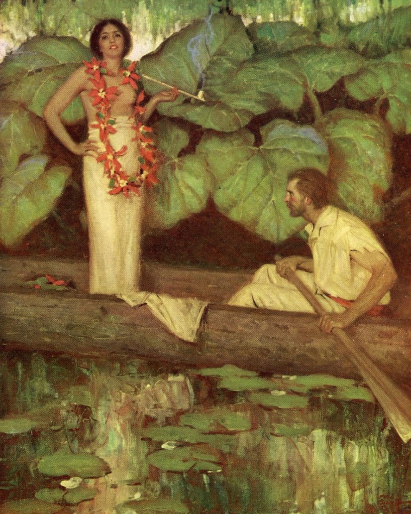 This illustration for the 1923 edition of Herman Melville's "Typee" by Mead Schaffer captures the Western male fantasy of Polynesian life.