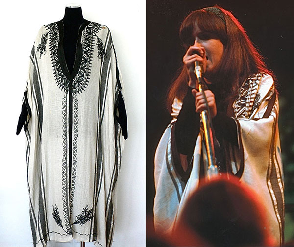 caftan_graceslick Grace Slick, the lead singer of Jefferson Airplane, wore this caftan onstage at the Monterey Pop Festival in 1967. Currently on display at the Rock & Roll Hall of Fame, the caftan will be up for sale at Record Mecca Fine Music Collectibles. (Via RecordMecca.com)